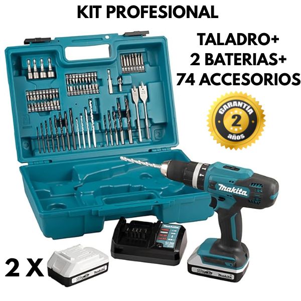 Taladro de percusión 18 V Li-Ion 2 Baterías y  kit de 74 accesorios